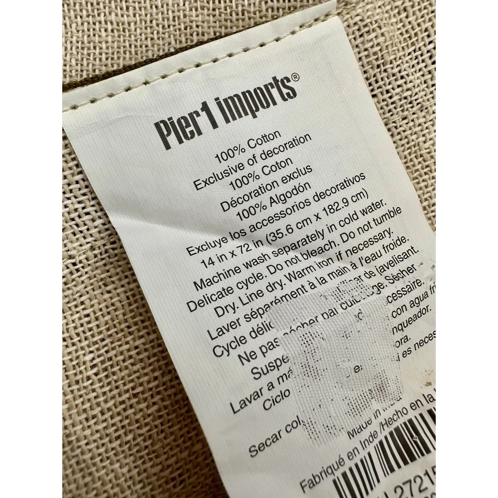 Pier 1 Imports Table Runner Natural Cotton Burlap Moss Green Velvet Trim 14x72